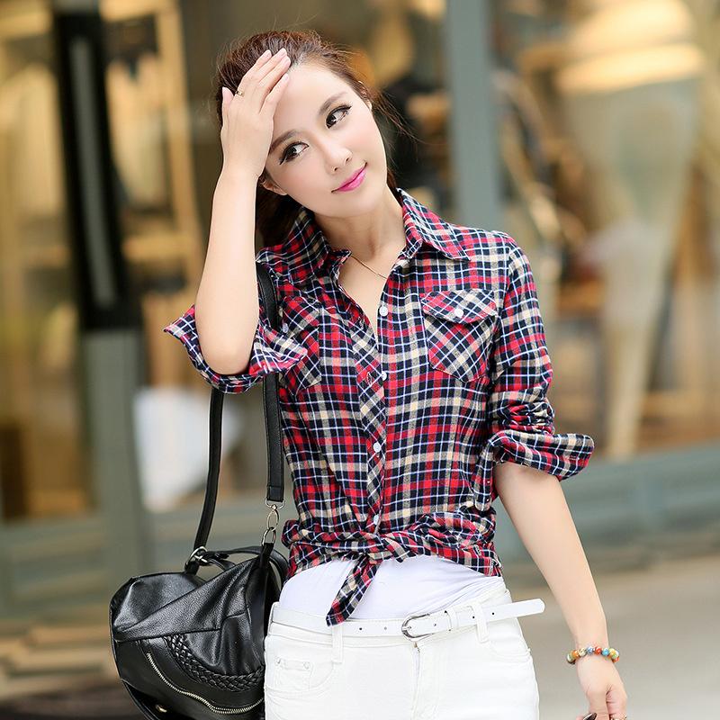 New Cotton Women's Shirts Grid Plus Size M-5XL Blouse Shirt Casual Long Sleeve Checkered Shirt  Turn-down Collar Streetwear