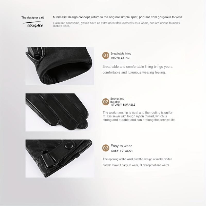 Unisex Button Closure Monochrome Gloves Elegant Genuine Leather Split Finger Gloves Autumn Winter Velvet Lined Warm Waterproof Gloves
