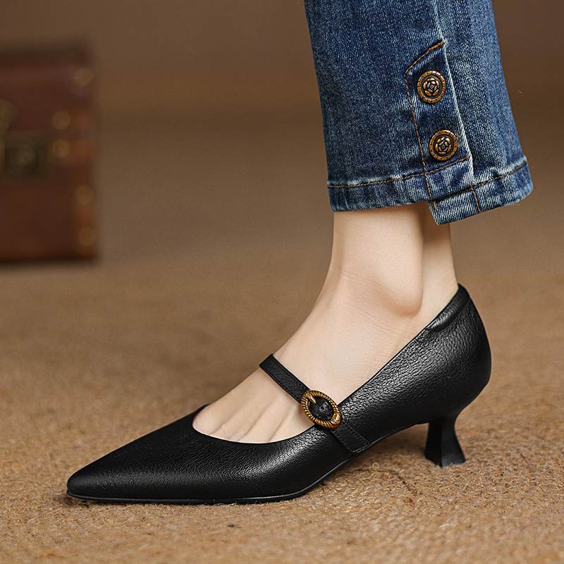 Krazing Pot Sheepskin Autumn Winter Shoes Thin Med Heels Size 43 Size 42 Pointed Toe Buckle Straps Shallow Pumps