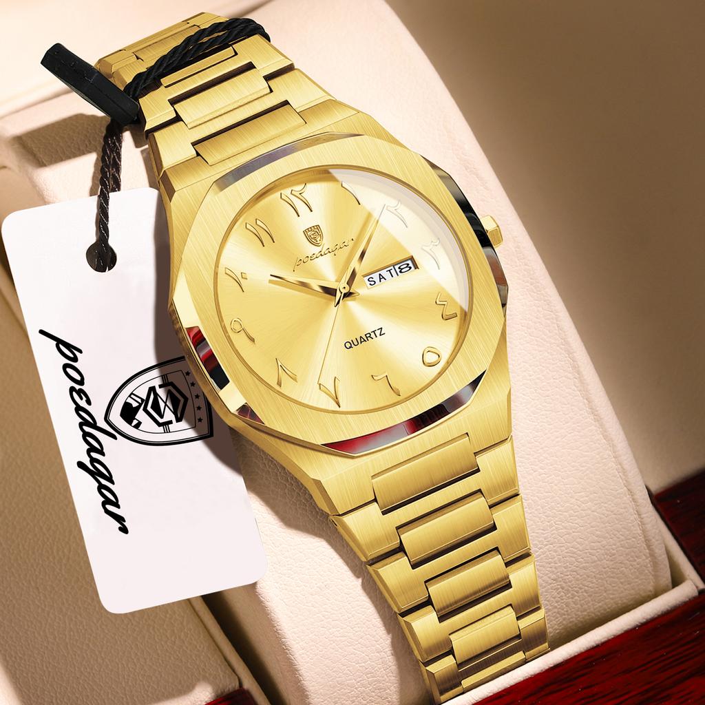 POEDAGAR Elegant Woman Clock Date Week Waterproof Casual Ladies Wristwatch Quartz Stainless Steel Fashion Watches