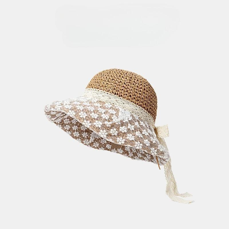 Ladies' Lace Flower Crochet Straw Hat Cute Solid Color Wrapped Bow Fisherman Hat Spring/Summer Beach Vacation Shade Straw Hat