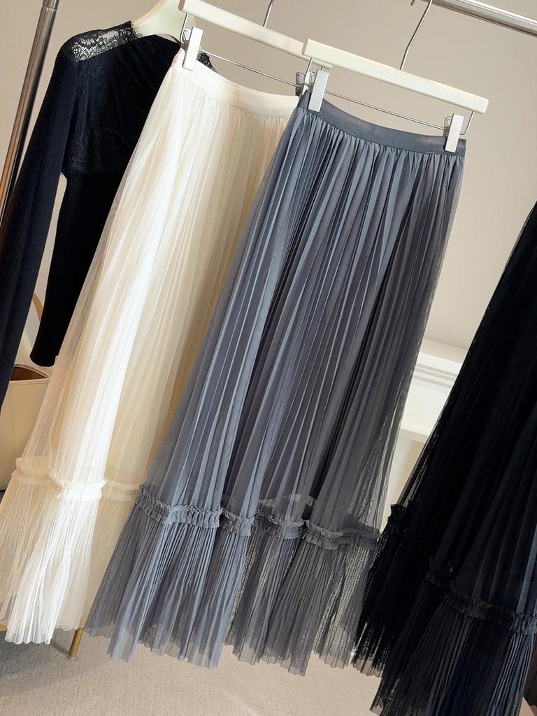 2026 Spring Korean-Style Women's Sweet High-Waist A-Line Pleated Mesh Skirt