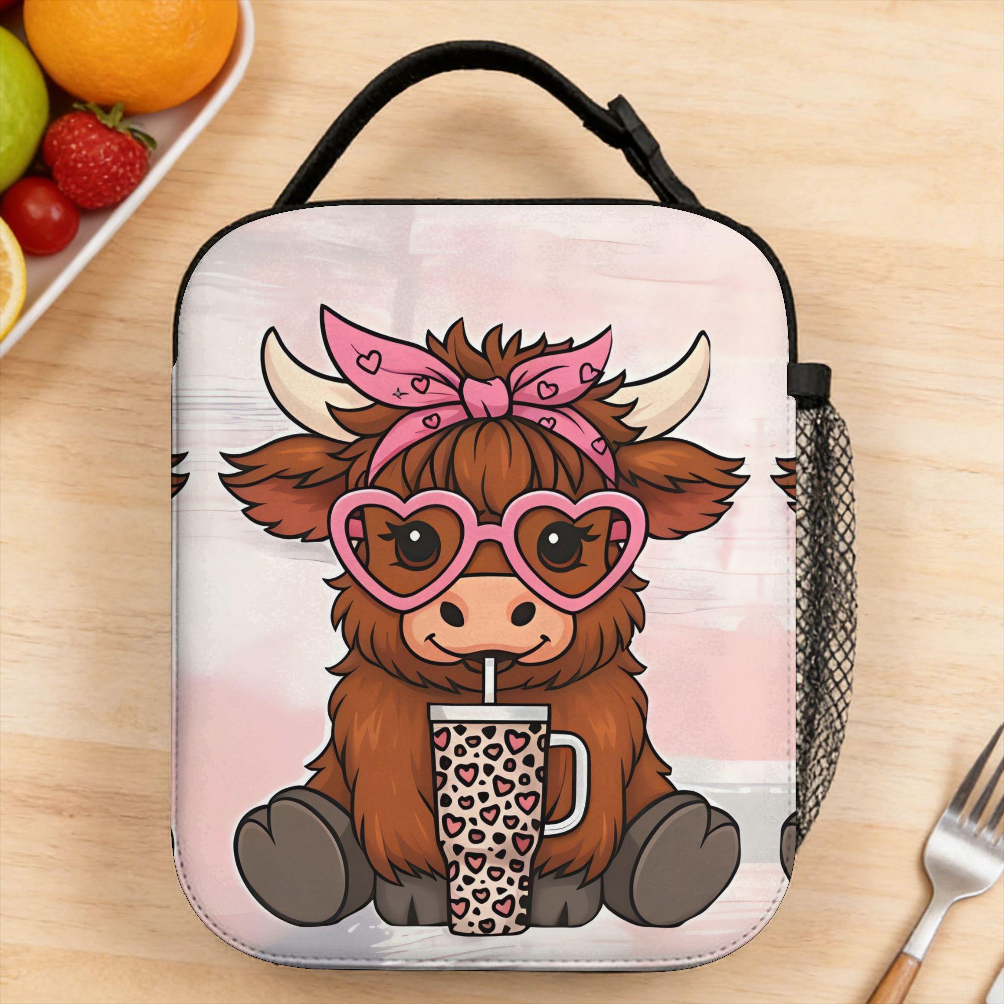 Highland Cow With Pink Bow And Heart Sunglasses Lunch Bag For Child Outdoor Picnic Graphic Lunch Box Kawaii Thermal Lunch Bags One Size