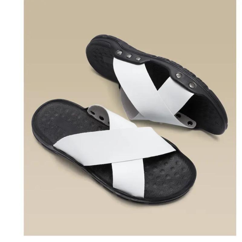 Pánské kožené nazouvací sandály s křížovým páskem Protiskluzové neformální pantofle