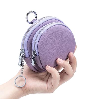 Hakiki Deri Yuvarlak Çift Fermuarlı Askılı Tokalı Anahtarlık Bozuk Para Cüzdanı - Anahtarlıklı Premium Taşınabilir Bozuk Para Düzenleyici