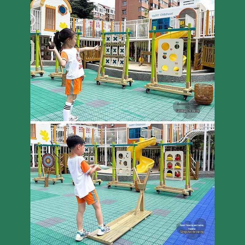 Kids Outdoor Toy Set: Wooden Basketball Hoop, Ring Toss, Sandbags, Bow & Arrow for Sensory Play