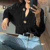Knit Cropped Cardigan Sweater V-Neck Long Sleeve Buttons Down Loose Fit Sweater Coat with Pockets Solid Color Knitwear