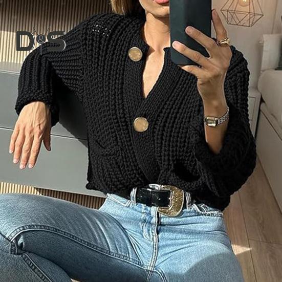 Knit Cropped Cardigan Sweater V-Neck Long Sleeve Buttons Down Loose Fit Sweater Coat with Pockets Solid Color Knitwear