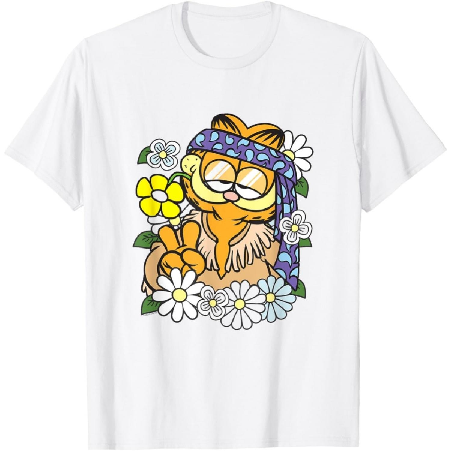 Garfield Hippie with Flowers Retro Cat Cartoon T-Shirt XXXXXL белый