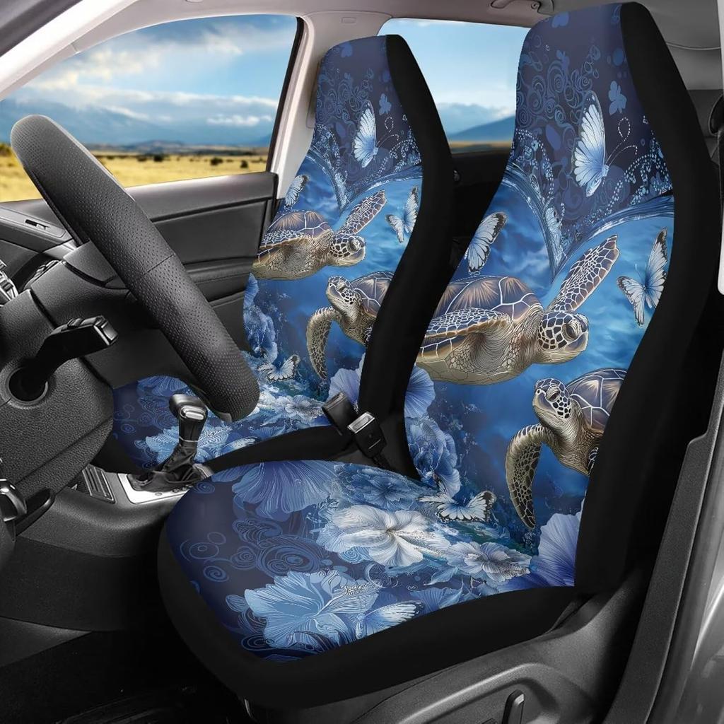 Bulopur Multicolor Polyester Universal Fit Car Truck SUV Van Automotive Seat Covers, 2pcs Front, Hibiscus Floral & Sea Turtle Print