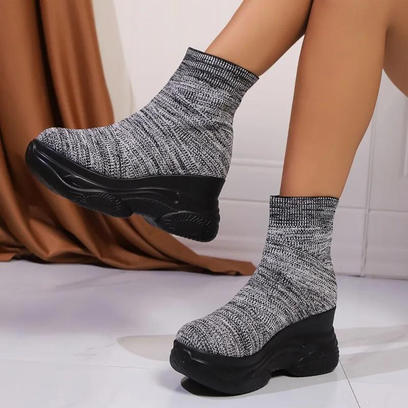 

Shoes Female 2025 Brand Slip on Spring Women s Boots Solid Elastic Fabric Breathable High Heels Water Proof Casual Stretch Boots 35 чёрный