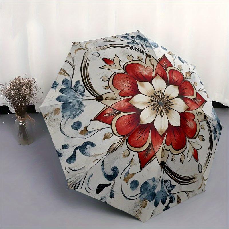 1pc Red and White Floral Mandala Umbrella with Plastic Handle,Suitable for All Seasons Home Travel Outdoor UmbrellaB1697
