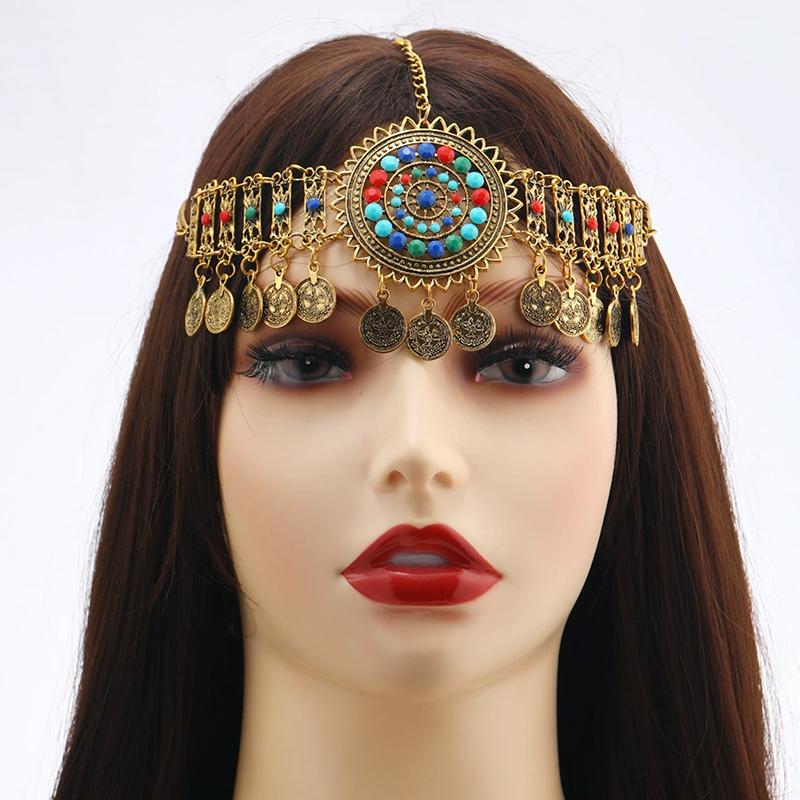 Indian Head Chain For Women Arabic Gold Color Coins Tassel Bridal  Headdress Wedding Accessories