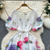 Summer Women V-neck Half Sleeve Print Long Maxi Holiday Beach Dresses with Belt