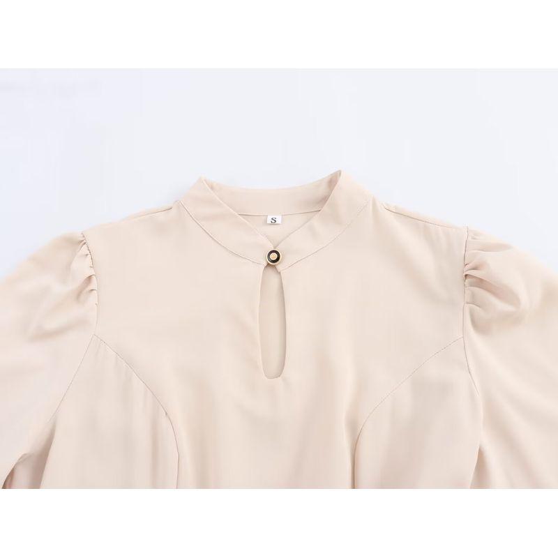 Kaslead New Arrival Women's Clothing Fashion Style Cut Out Collar Tight Waist Lantern Sleeve Long Sleeve Pleated Dress