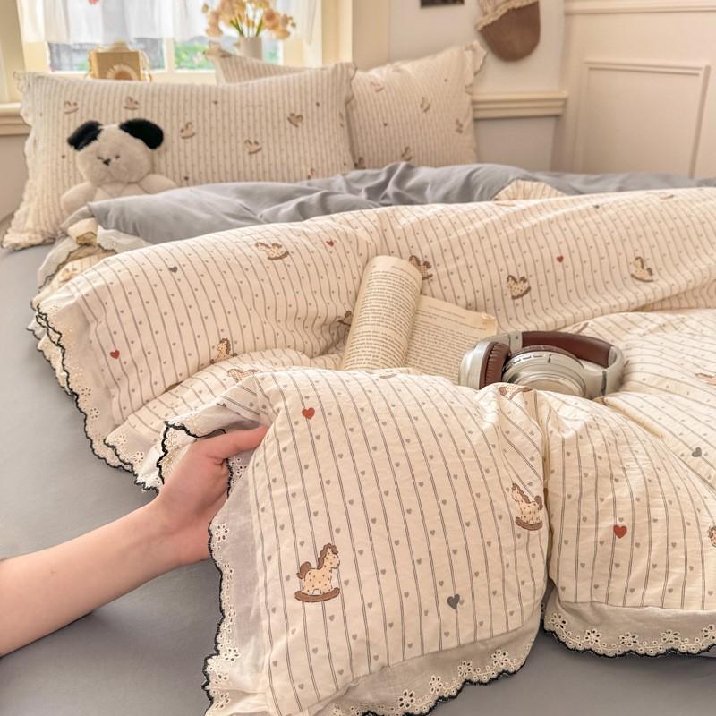 2026 Faux Cotton Washed Lace Bedding Set Floral Duvet Cover