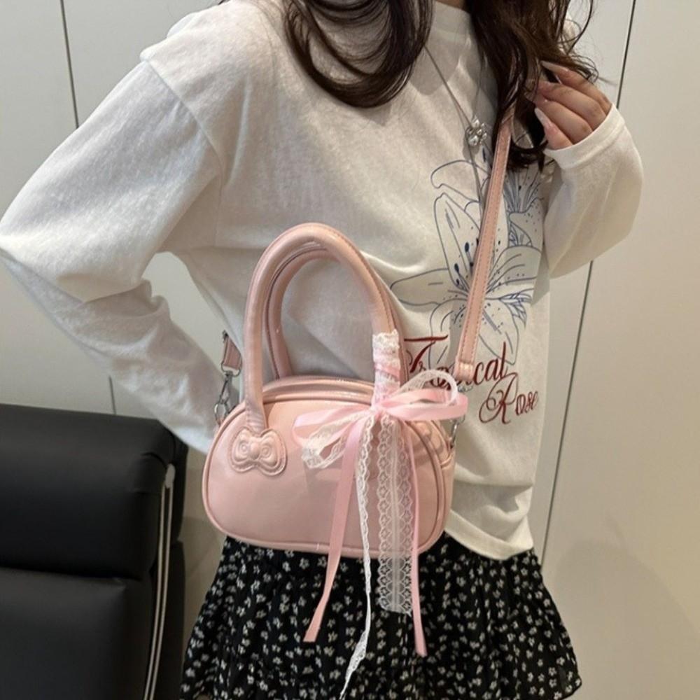 Korean Bow Crossbody Bag Pu Leather Commute Handbag Trendy Lace Ribbons Boston Bag Women