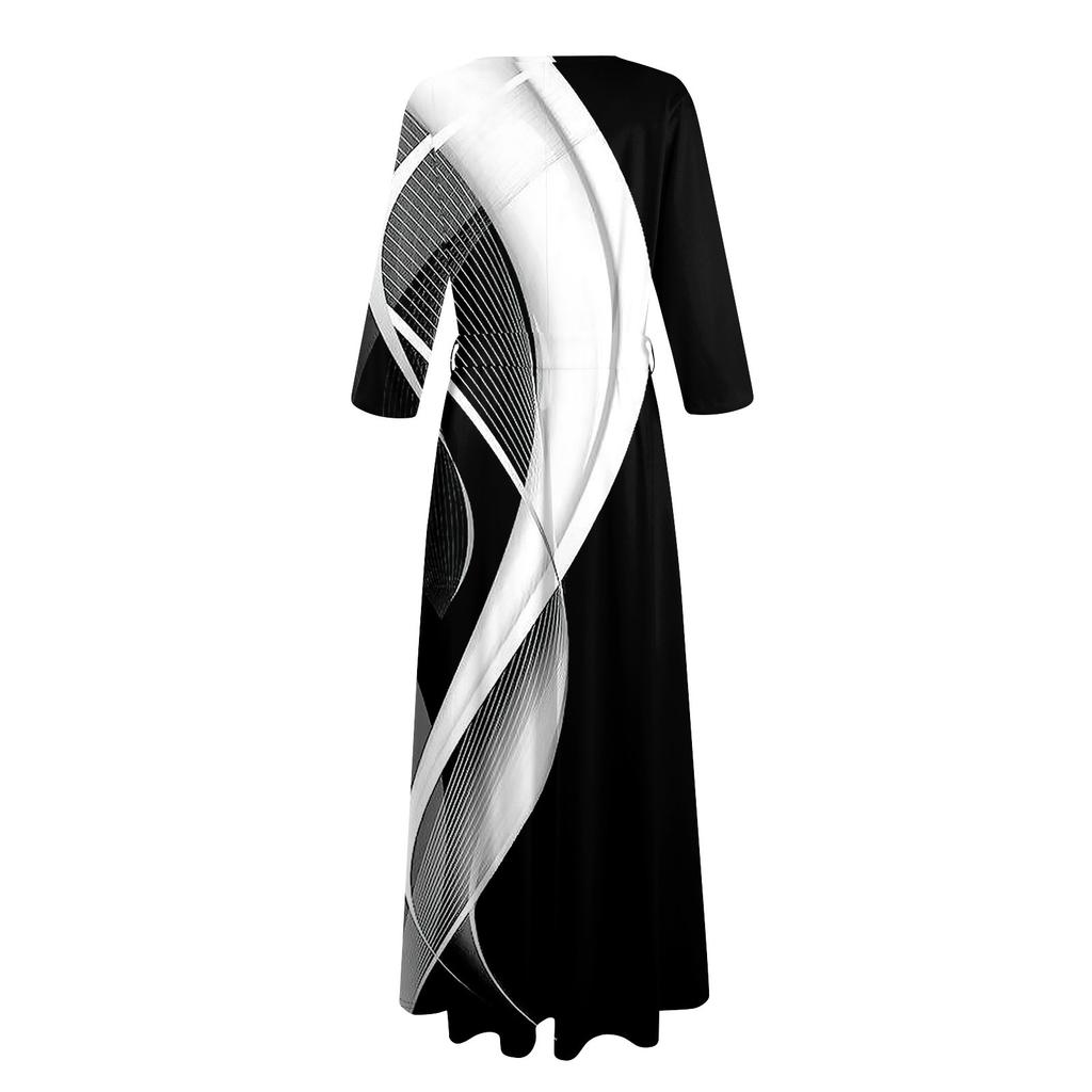 Rochie midi ocazională cu decolteu în V, cu mâneci trei sferturi, cu imprimeu