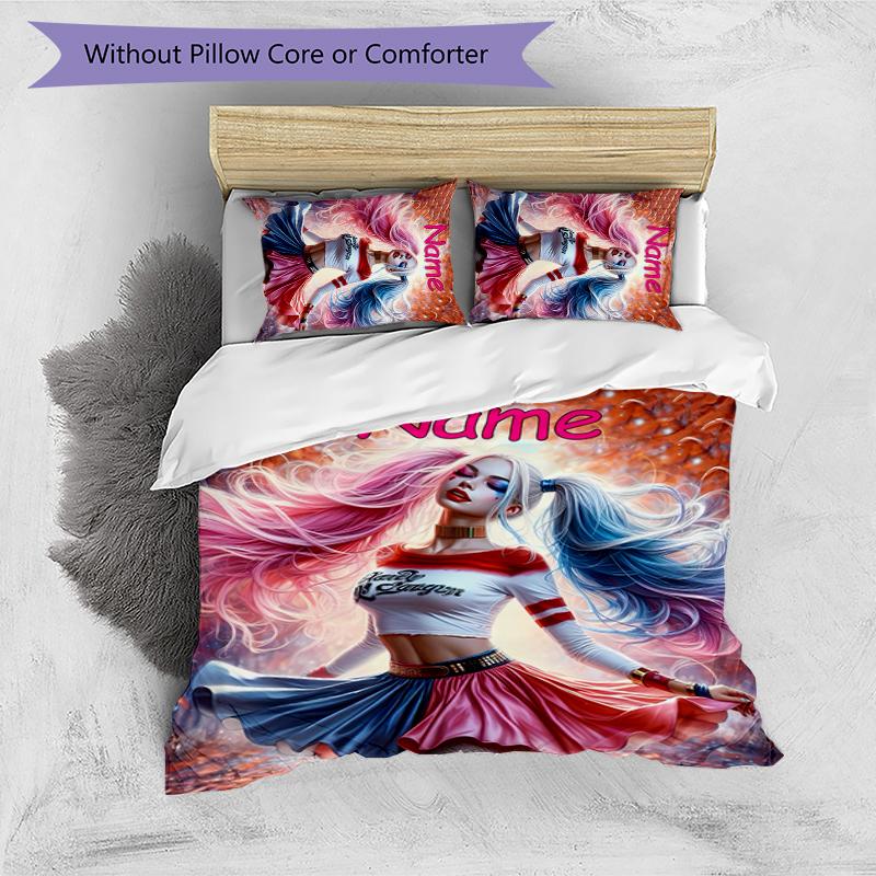 3pcs Custom Name Cartoon Harley Quinn Bedding Set Duvet Cover Closure Includes 1 Duvet Cover & 2 Pillowcases for All Seasons Bedroom Decor