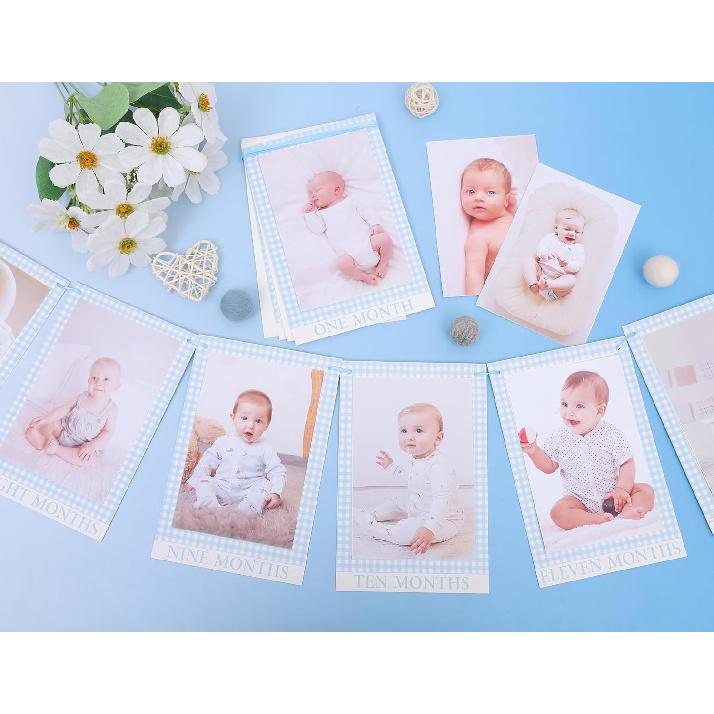 Newborn 1 To 12 Months Milestone Decorations - Simple Blue Monthly Banner, First Year Photos Hanging Banner, Boys One Birthday Decor (BLUE)