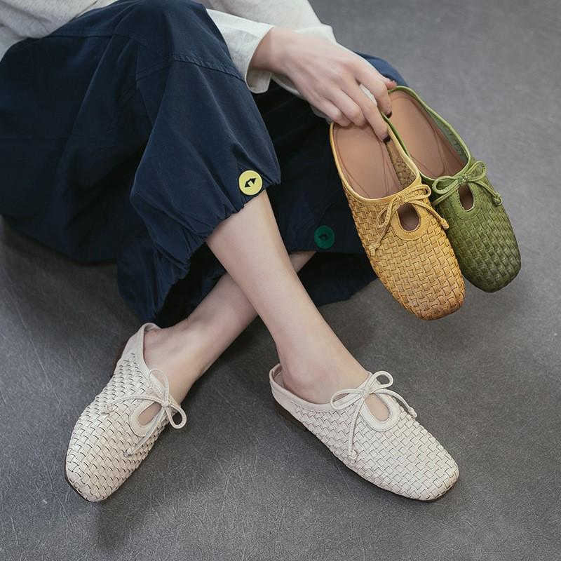 Johnature Pantofole da esterno intrecciate in vera pelle stile retrò, scarpe slip-on da donna leggere e versatili