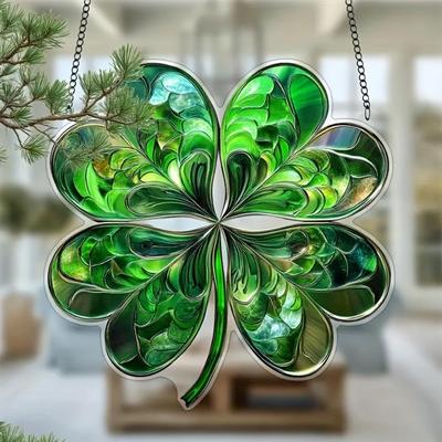 2D Flat Print Emerald Four-leaf Clover Pendant, Sun Catcher, Window Hanging Decoration, Suitable for Garden, Porch, Bedroom, Office, Home and Outdoor