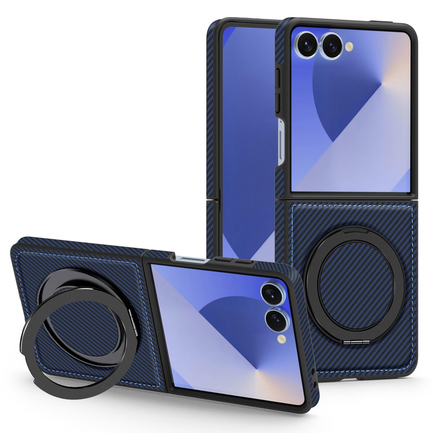 

For Samsung Galaxy Z Flip7 5G Magnetic Case Carbon Fiber Texture PU+TPU Kickstand Phone Cover Sapphire