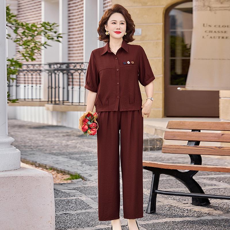 2026 Mom's Summer Fashion: Short-Sleeved Shirt & Wide-Leg Pants Set for Middle-Aged and Elderly Women