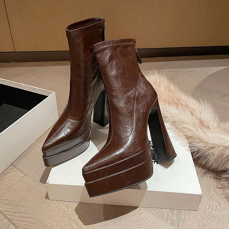 

Night Club Platform High Heel Women Ankle Boots Fashion Party Stripper Female Shoes Pointed Toe Elastic Slim Short Booties 35