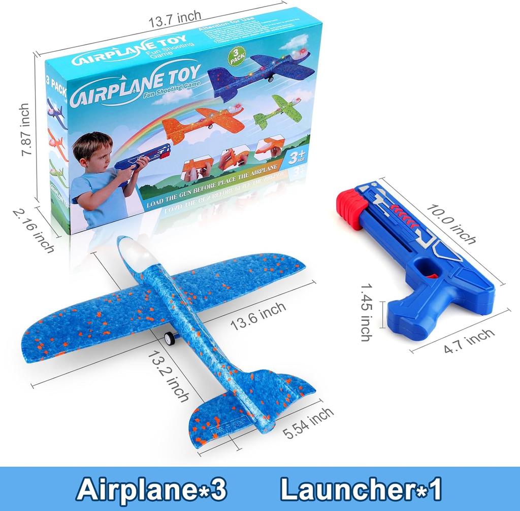 3 Pack Airplane Launcher Toys, 13.2'' LED Foam Glider Catapult Plane Toy for Boys, 2 Flight Modes Outdoor Flying Toy