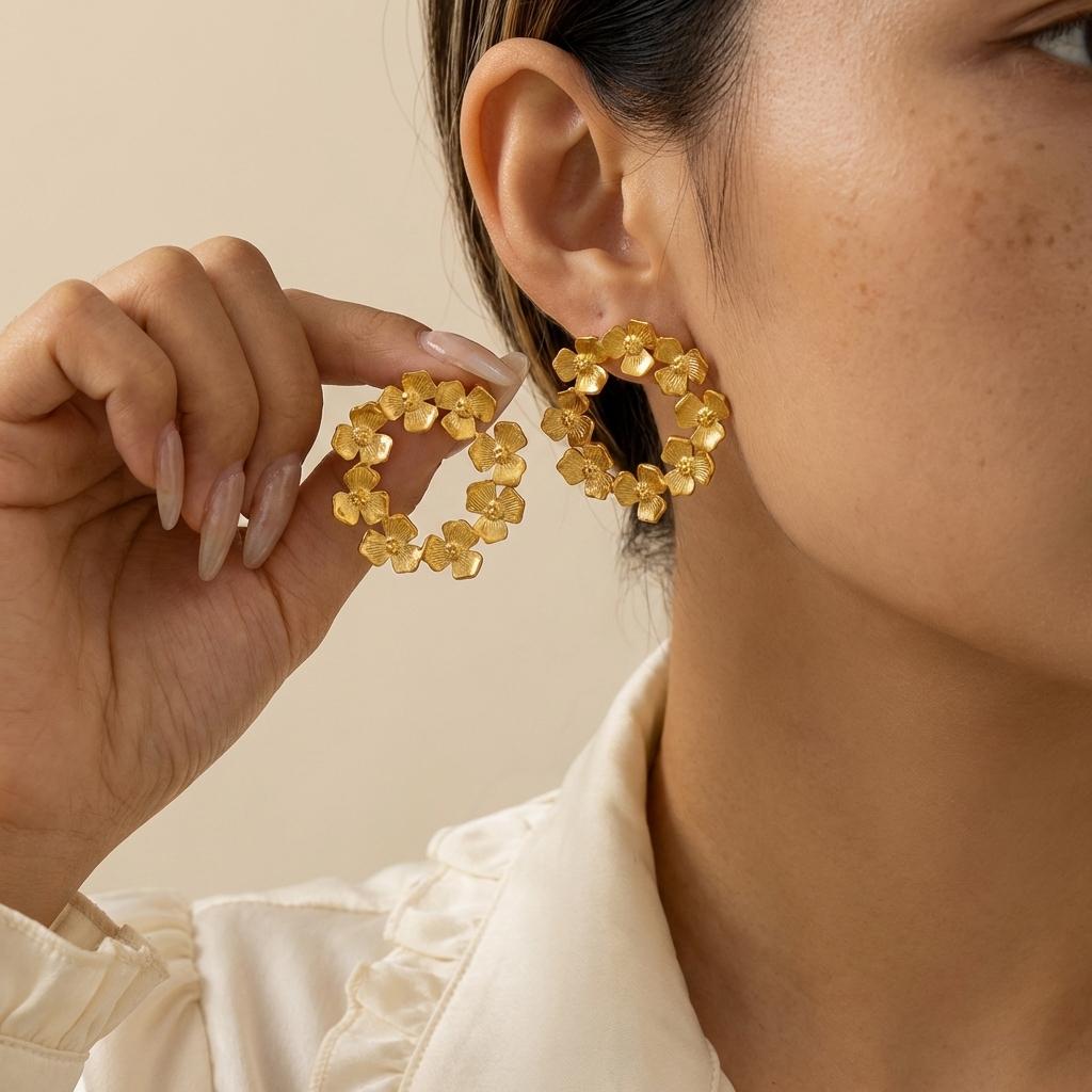 Waterproof Stainless Steel Floral Wreath Earrings for Women Gold Color Tarnish Free Hypoallergenic Flower Circle Studs Jewelry