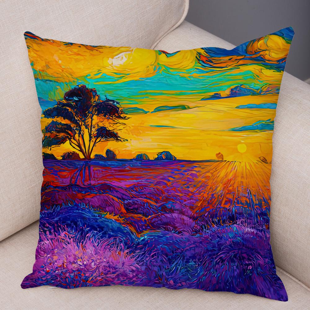 Federa Cuscino Stile Pittura ad Olio Paesaggio Colorato Barca Cavallo Stampa Floreale Lino Morbido Soggiorno Camera da Letto Casa Federa