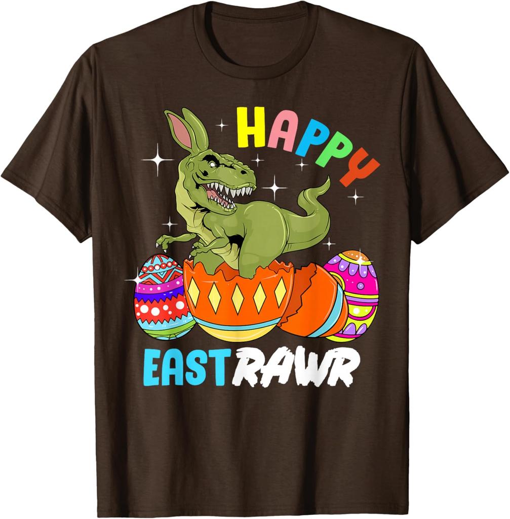 Happy Eastrawr Dinosaur Bunny Easter Egg Graphic Tee Cool Men's Casual Cotton T-Shirt