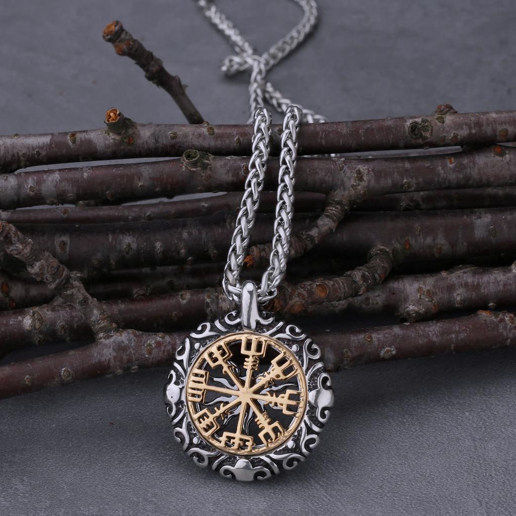 Stainless Steel Viking Road Sign Compass Necklace Men and Women Odin Rune Fashion Charm Hollow Pendant Jewelry Gift