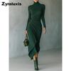 New Style Autumn Winter Elegant High Neck Ruched Bodycon Dress for Women