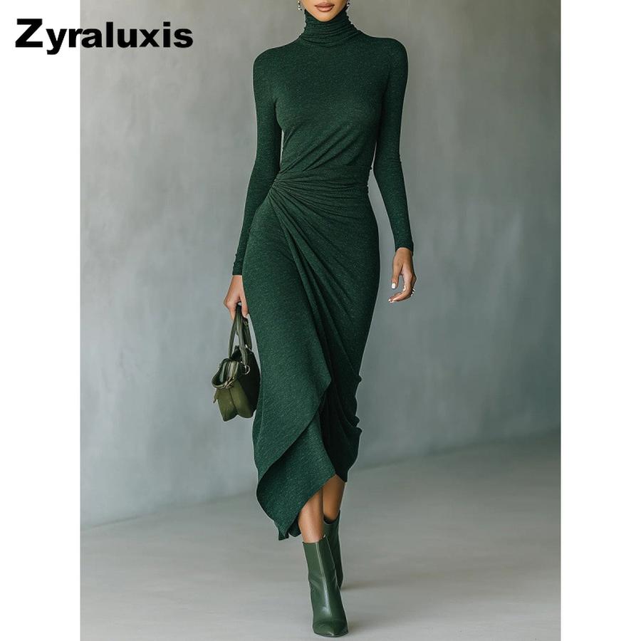 New Style Autumn Winter Elegant High Neck Ruched Bodycon Dress for Women