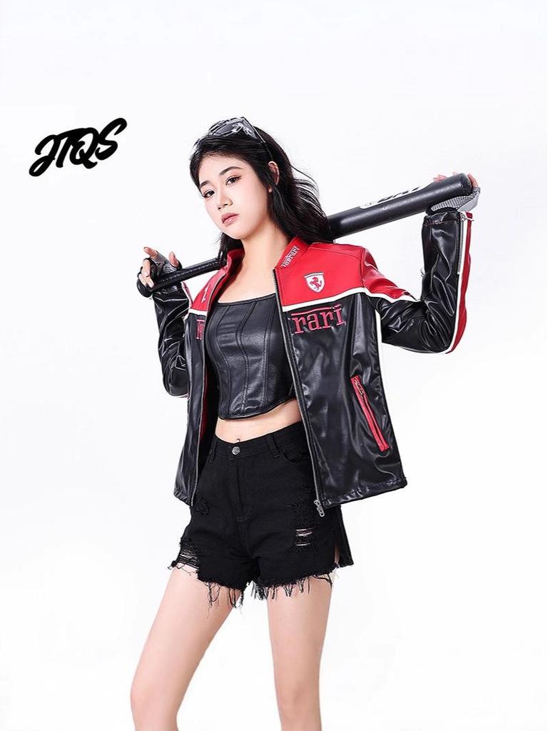 Women's Racing-Style PU Leather Motorcycle Jacket, Small Size - Trendy European and American Winter Outerwear