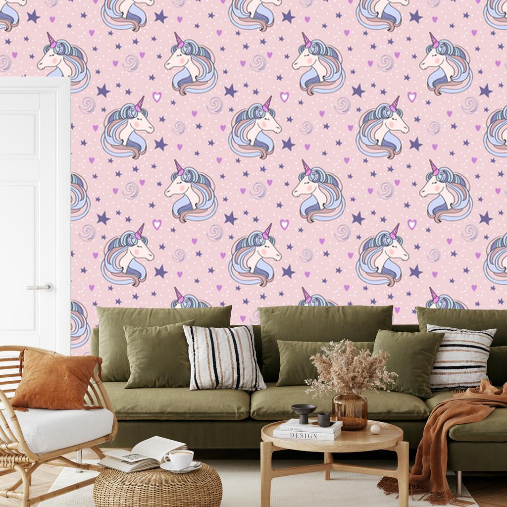 Sleeping Unicorns Wallpaper In Front of Stars and Hearts for Living Room and Bedroom 50x1000