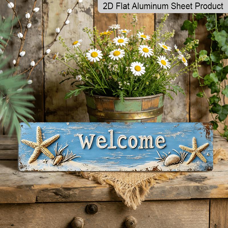 2D Flat - One-Piece 2D Flat Aluminium Decorative Sign, Featuring A Coastal Beach Theme, Perfect for Wall Decoration in Entryways or Bathrooms