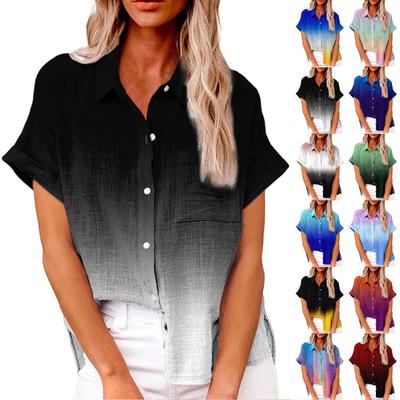 Women's Fashion Loose Casual Short Sleeve Lapel Button Down Shirt Printed T-Shirt Top