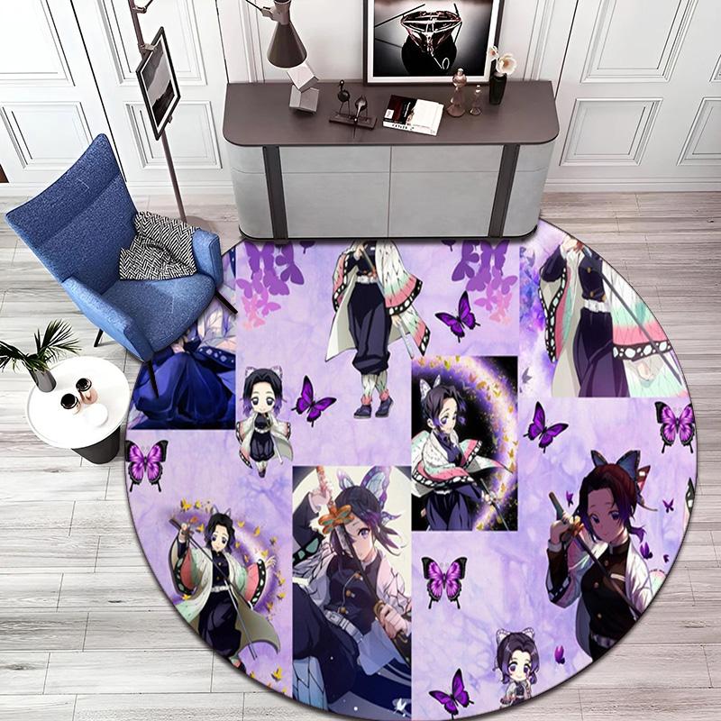 Classic Japanese-style Cartoon Demon Slayer Round Rug, Home Soft Decorative Anti-slip Yoga Mat and Chair Mat, Outdoor Floor Mat Carpet K24