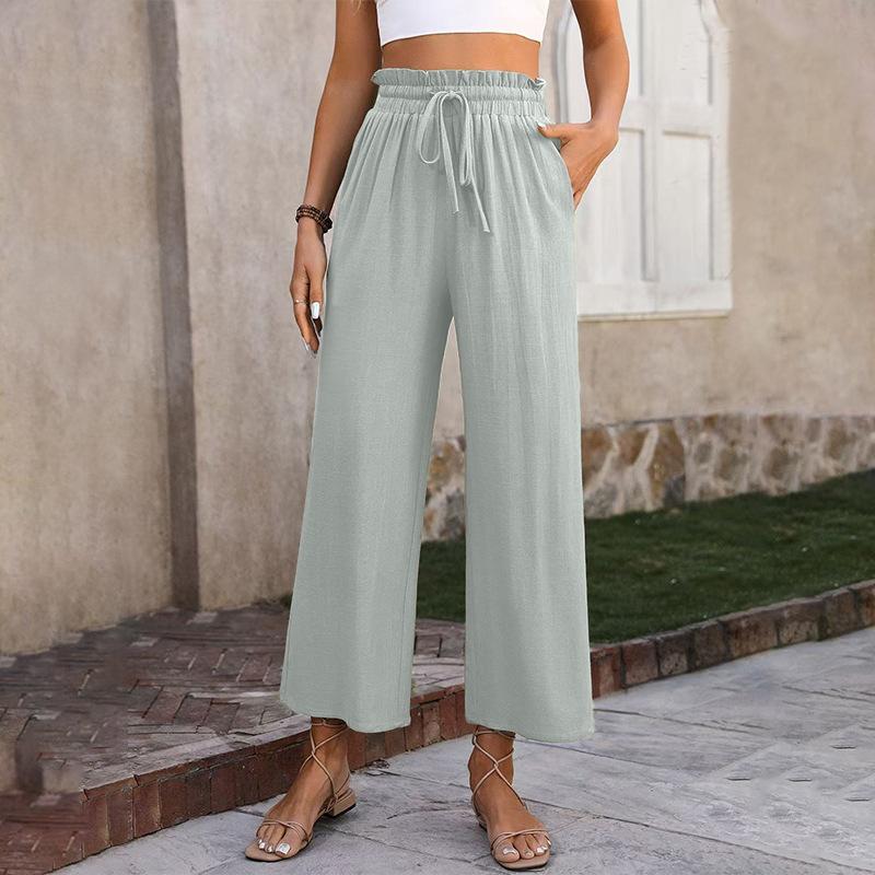 New Women's Solid Color Cotton Linen Wide Leg Pants, High Waist Elastic Drawstring Casual Trousers for Spring Summer
