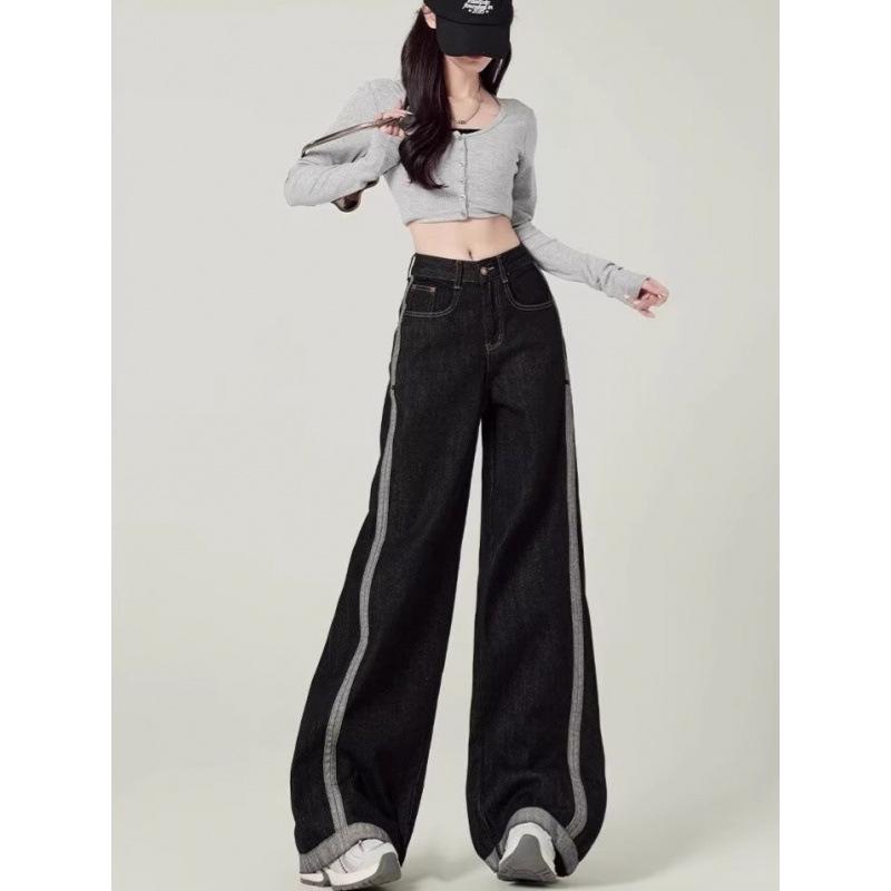 

Unisex High-Waist Color-Block Side-Seam Wide-Leg Jeans - Autumn Straight-Leg Floor-Length Pants Large синій