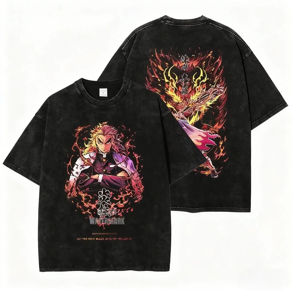 Hot Demon Slayer Rengoku Kyojuro Graphic Print T-Shirt Men Women Streetwear Harajuku Fashion Vintage Washed Cotton Summer New Tee Casual Oversized Top