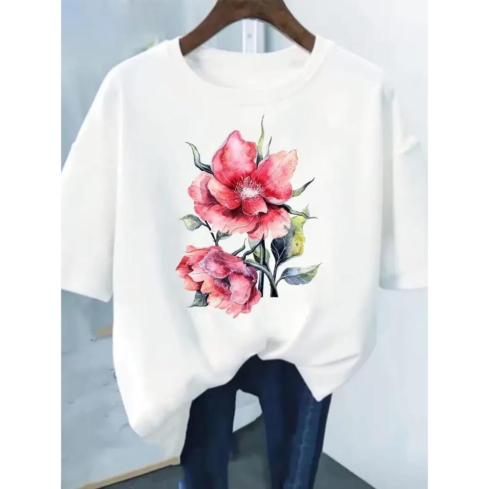 Flower Print Fashion Plant Trend Lovely print ladies T-shirt casual basics O-collar Black shirt short sleeve ladies T-shirts
