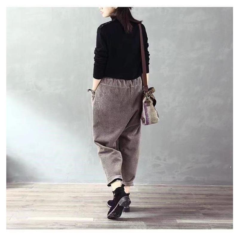 Autumn Winter Elastic Waist Solid Loose Causal Corduroy Harem Pants Women Pockets All-match Velvet Trousers
