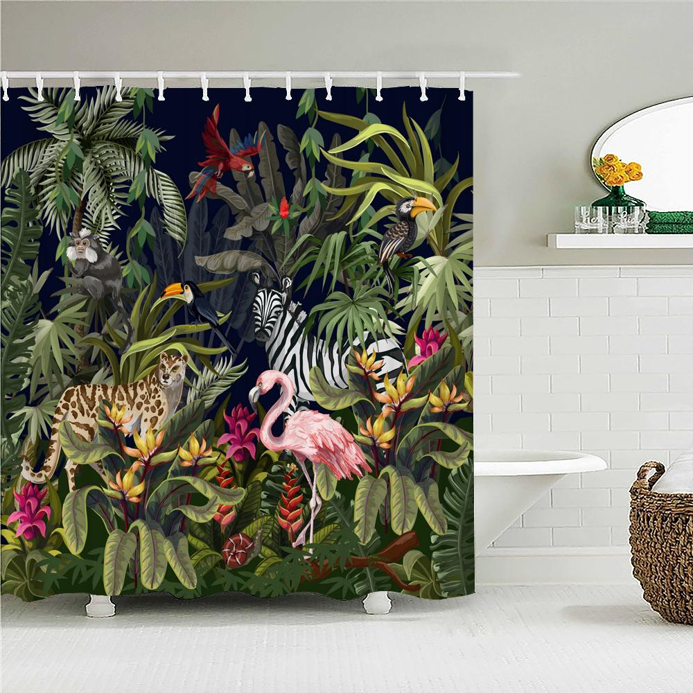 Tropical Leaves Palm Tree Bird Animals Pattern Shower Curtains Bathroom Curtain Waterproof Frabic Bath Bathroom Curtains