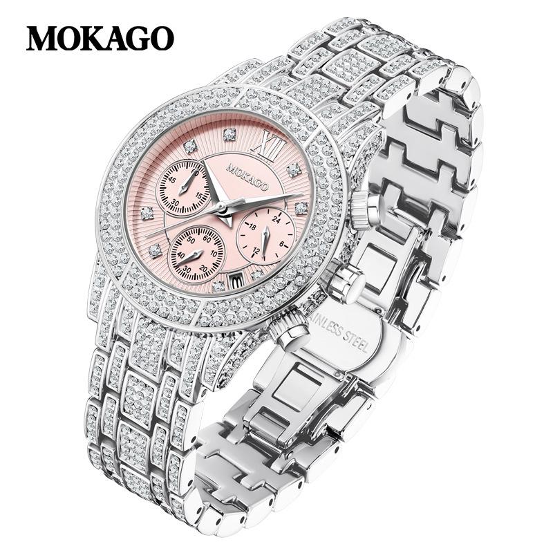 MOKAGO Korean Style Rhinestone Luxury Quartz Watch with Calendar, Steel Band for Women