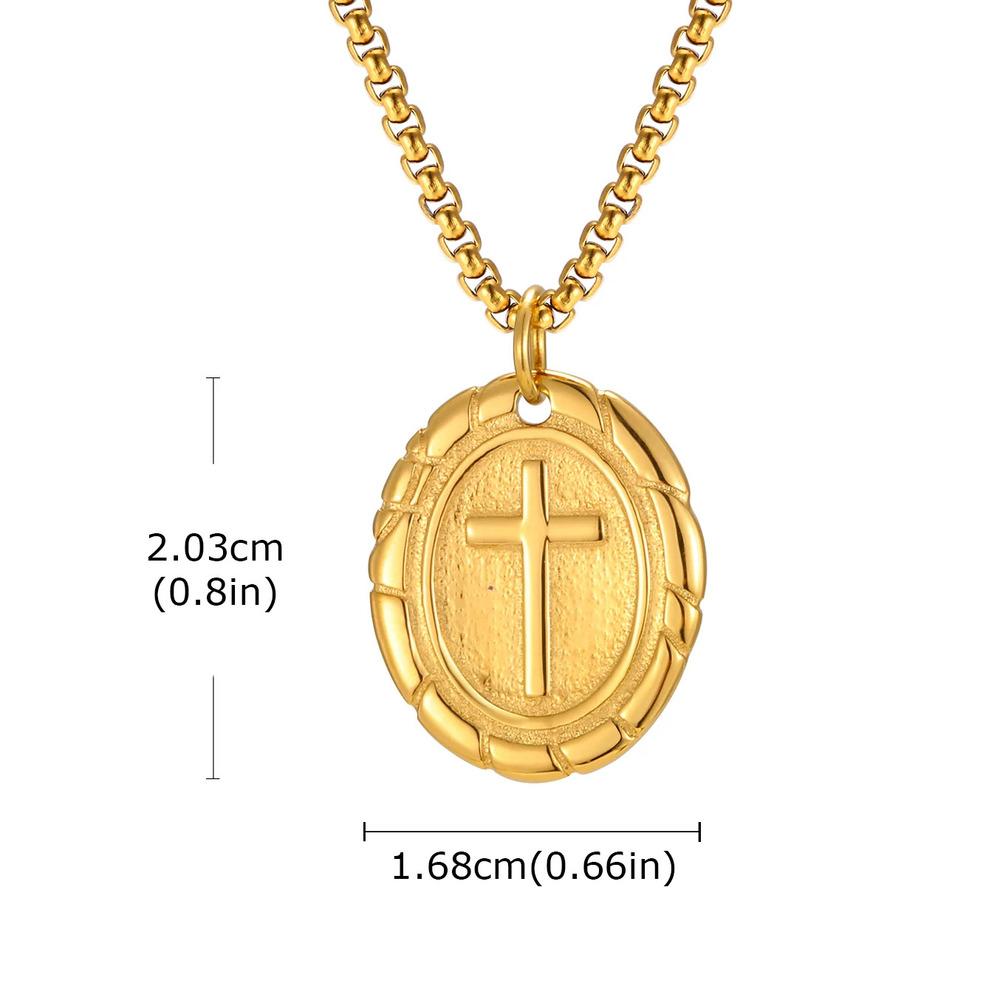 Vnox Oval Double Sided Cross Pendant Necklace for Men, Stainless Steel Gold Silver Color Chain Necklace Religious Faith Collar