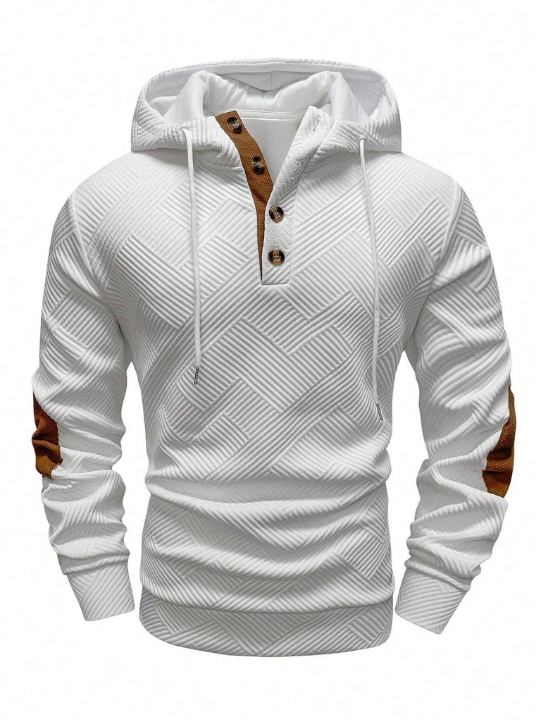 Men's Solid Color Jacquard Hooded Sweatshirt - Autumn/Winter European American Style, Loose Fit Casual Outerwear